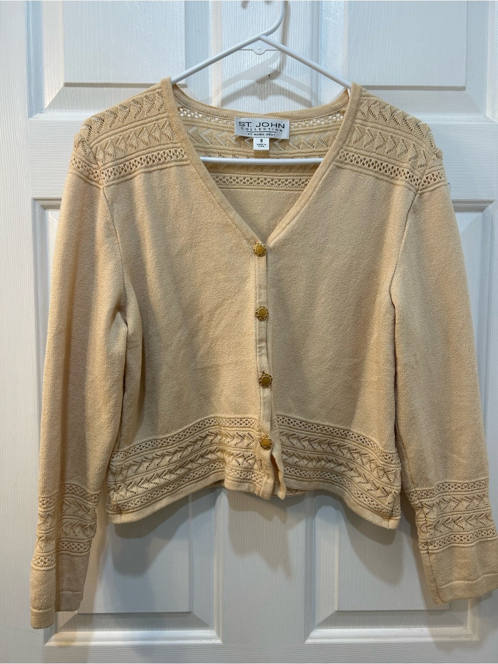 St. John Collection Tan Cardigan Sweater Sz 8 Gold‎ Button Front Crochet Preppy